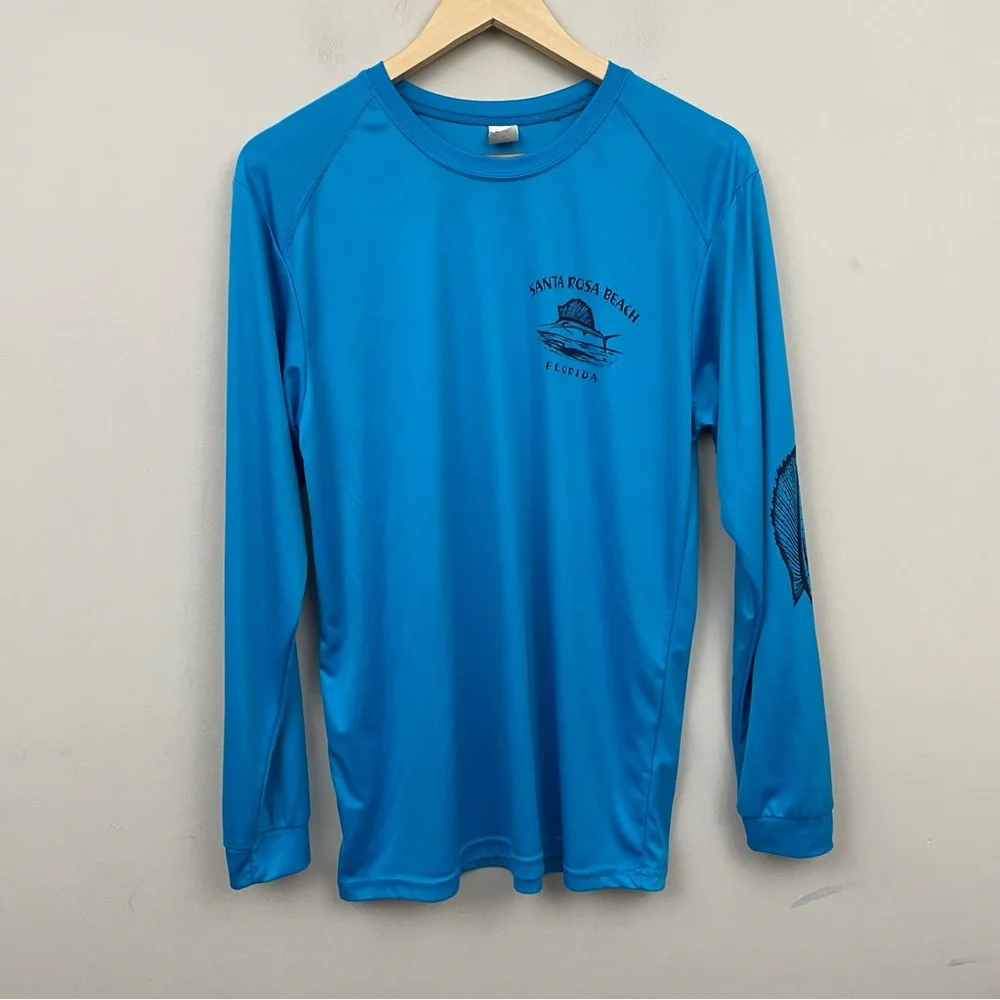 Mens sun shirt blue Marlin fishing shirt size M santa rosa beach florida long sl